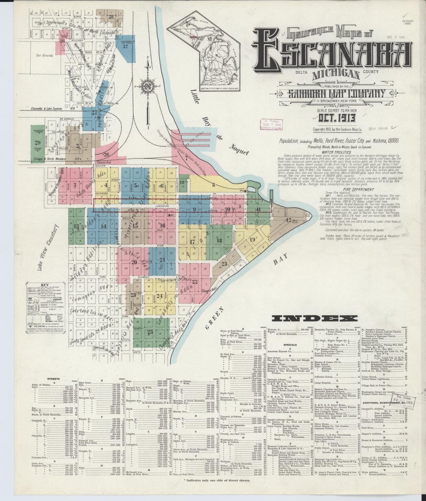Sanborn Fire Insurance Map from Escanaba, Delta County, Michigan (1913), Sheet #0001 - Historic Sanborn Fire Insurance Map Print, vintage old map wall art, antique decor, genealogy gift, Michigan Michigan map