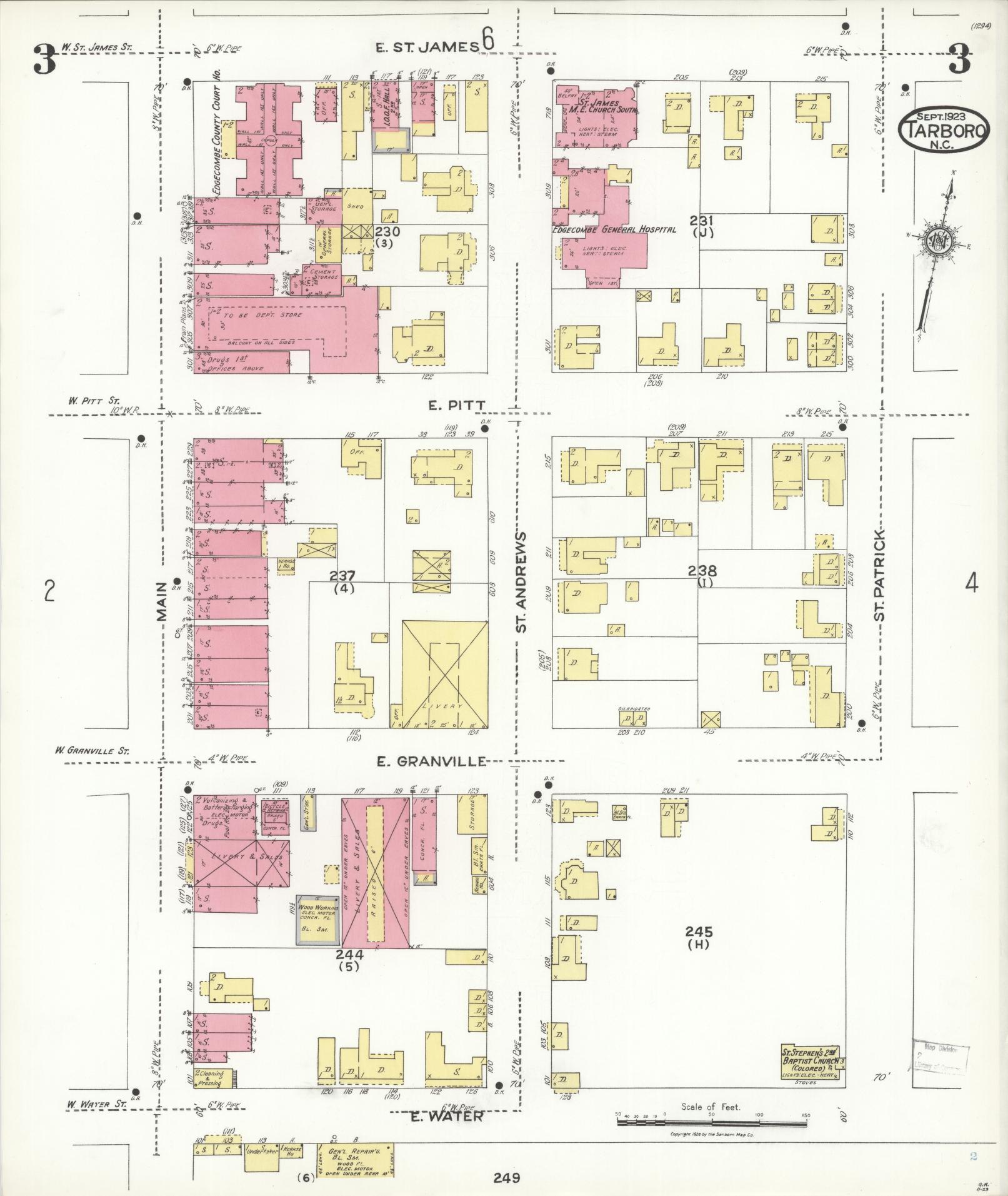 Sanborn Fire Insurance Map from Tarboro, Edgecombe County, North Carolina (1923), Sheet #0003 - Historic Sanborn Fire Insurance Map Print, vintage old map wall art, antique decor, genealogy gift, North Carolina North Carolina map
