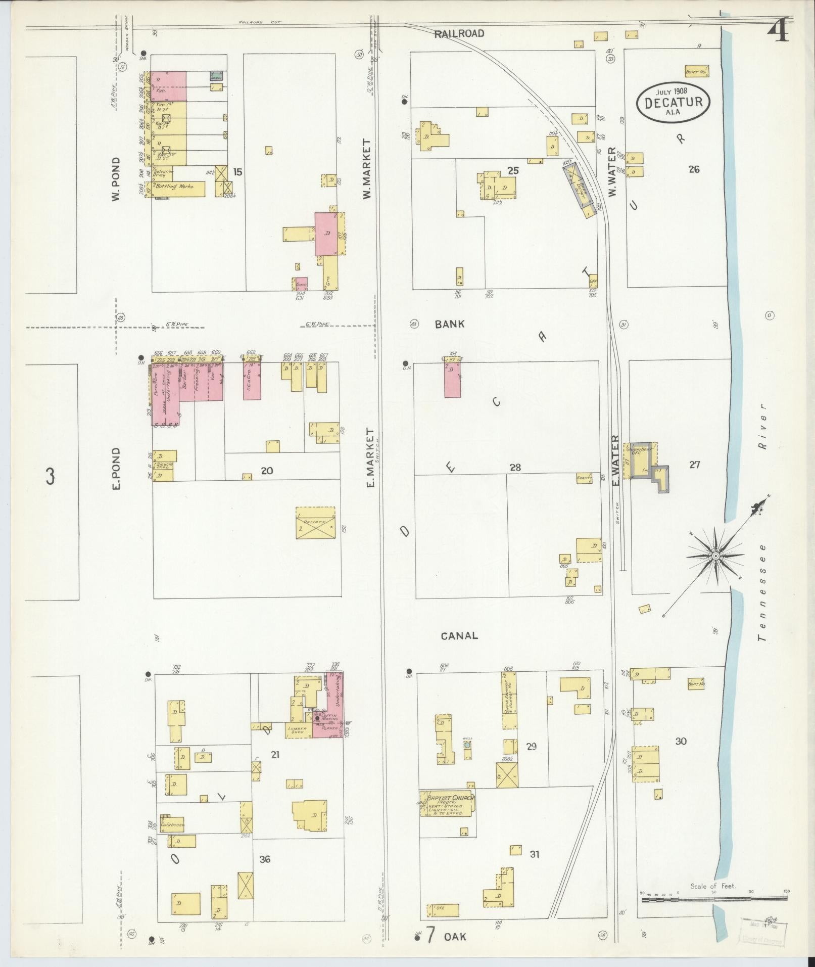 Sanborn Fire Insurance Map from Decatur, Morgan County, Alabama (1908), Sheet #0004 - Historic Sanborn Fire Insurance Map Print, vintage old map wall art, antique decor, genealogy gift, Alabama Alabama map