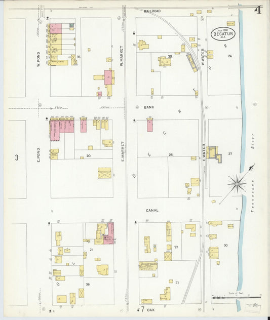 Sanborn Fire Insurance Map from Decatur, Morgan County, Alabama (1908), Sheet #0004 - Historic Sanborn Fire Insurance Map Print, vintage old map wall art, antique decor, genealogy gift, Alabama Alabama map