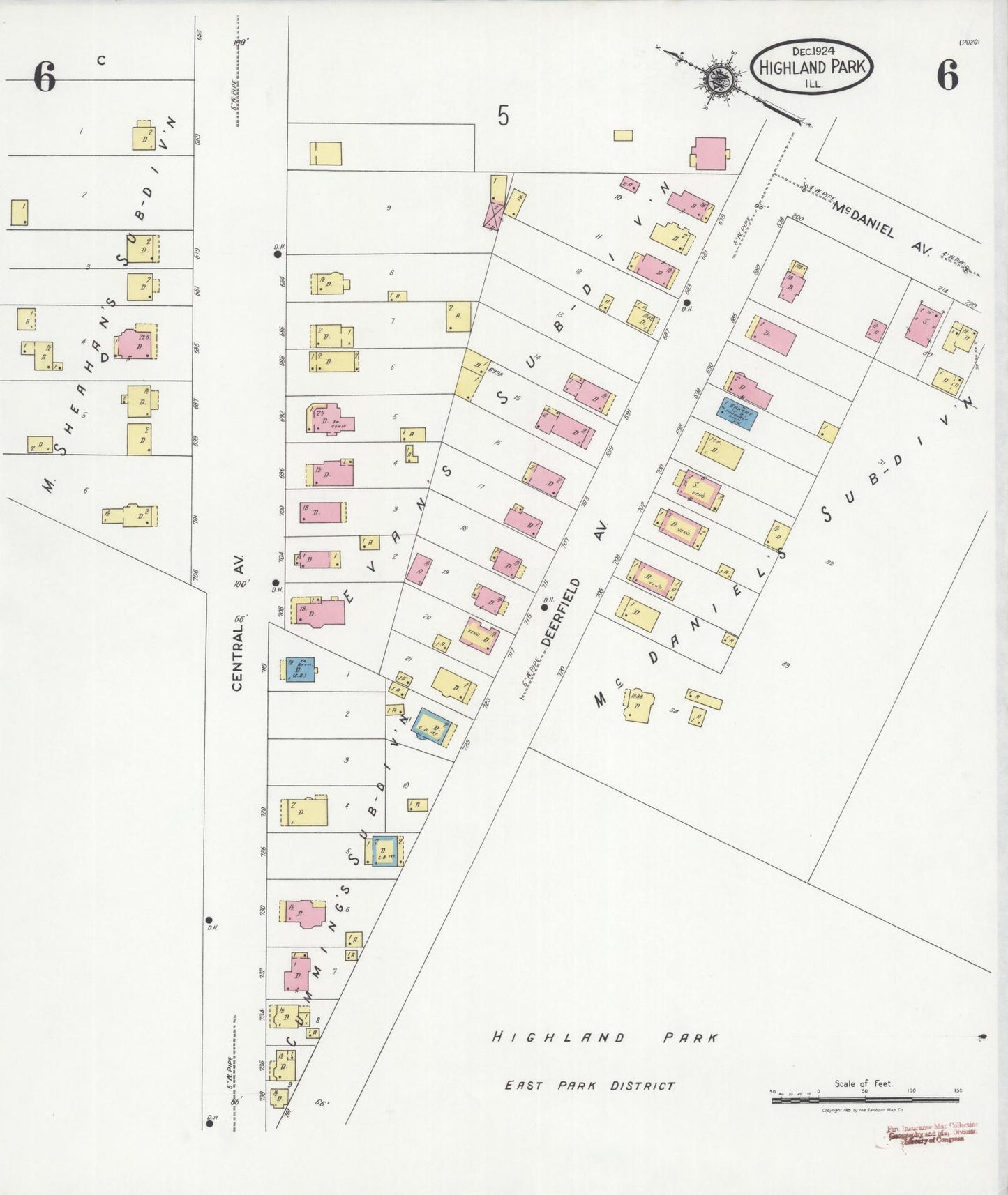 Sanborn Fire Insurance Map from Highland Park, Lake County, Illinois (1924), Sheet #0006 - Historic Sanborn Fire Insurance Map Print, vintage old map wall art, antique decor, genealogy gift, Illinois Illinois map