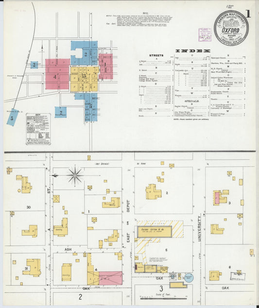 Sanborn Fire Insurance Map from Oxford, Lafayette County, Mississippi (1905), Sheet #0001 - Complete Map Set gallery image, historic Sanborn map, vintage wall art, Mississippi Mississippi