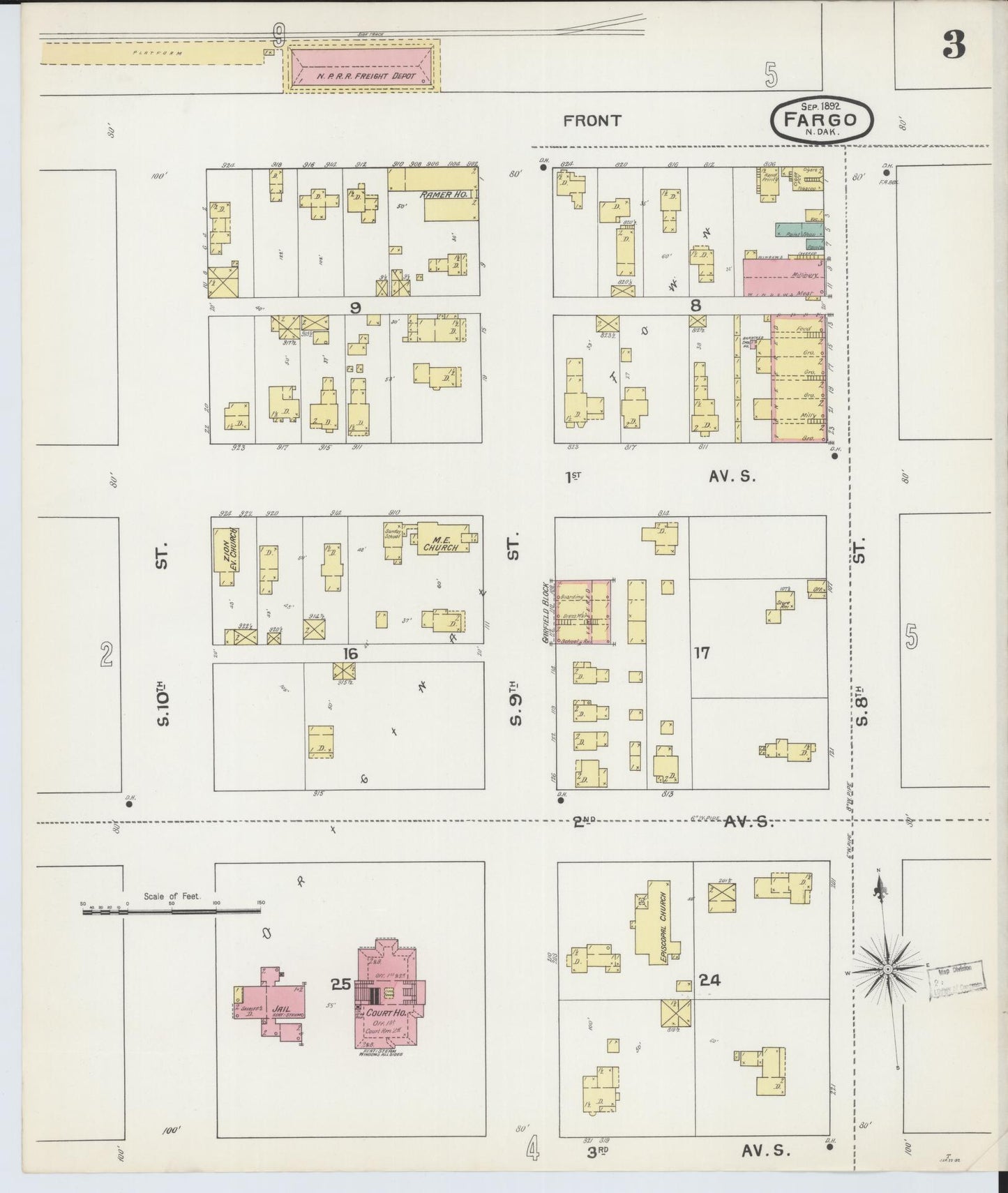 Sanborn Fire Insurance Map from Fargo, Cass County, North Dakota (1892), Sheet #0003 - Historic Sanborn Fire Insurance Map Print, vintage old map wall art, antique decor, genealogy gift, North Dakota North Dakota map