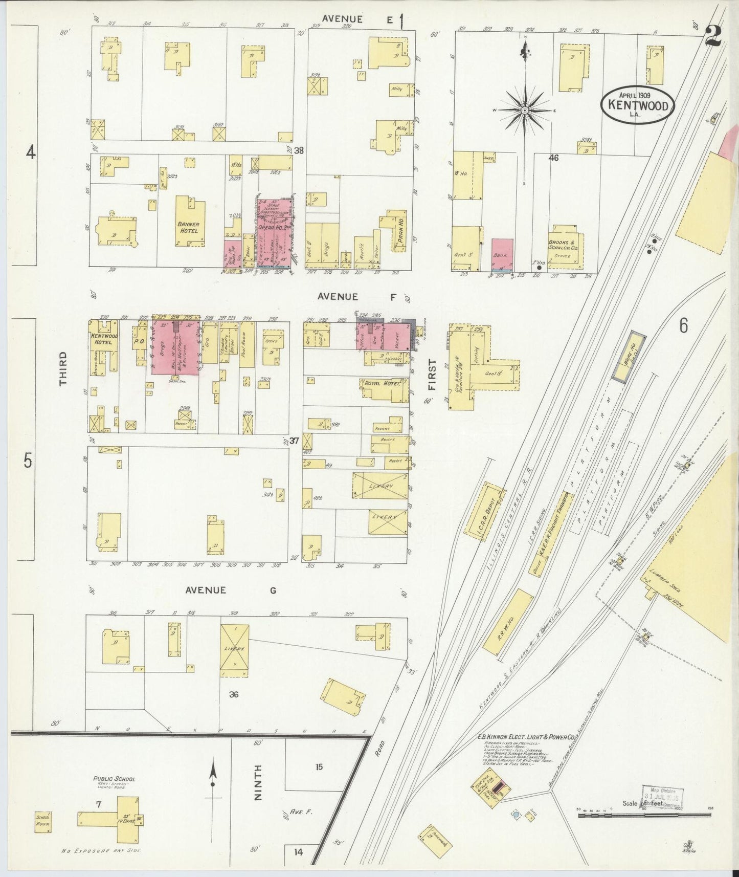 Sanborn Fire Insurance Map from Kentwood, Tangipahoa Parish, Louisiana (1909), Sheet #0002 - Historic Sanborn Fire Insurance Map Print, vintage old map wall art, antique decor, genealogy gift, Louisiana Louisiana map