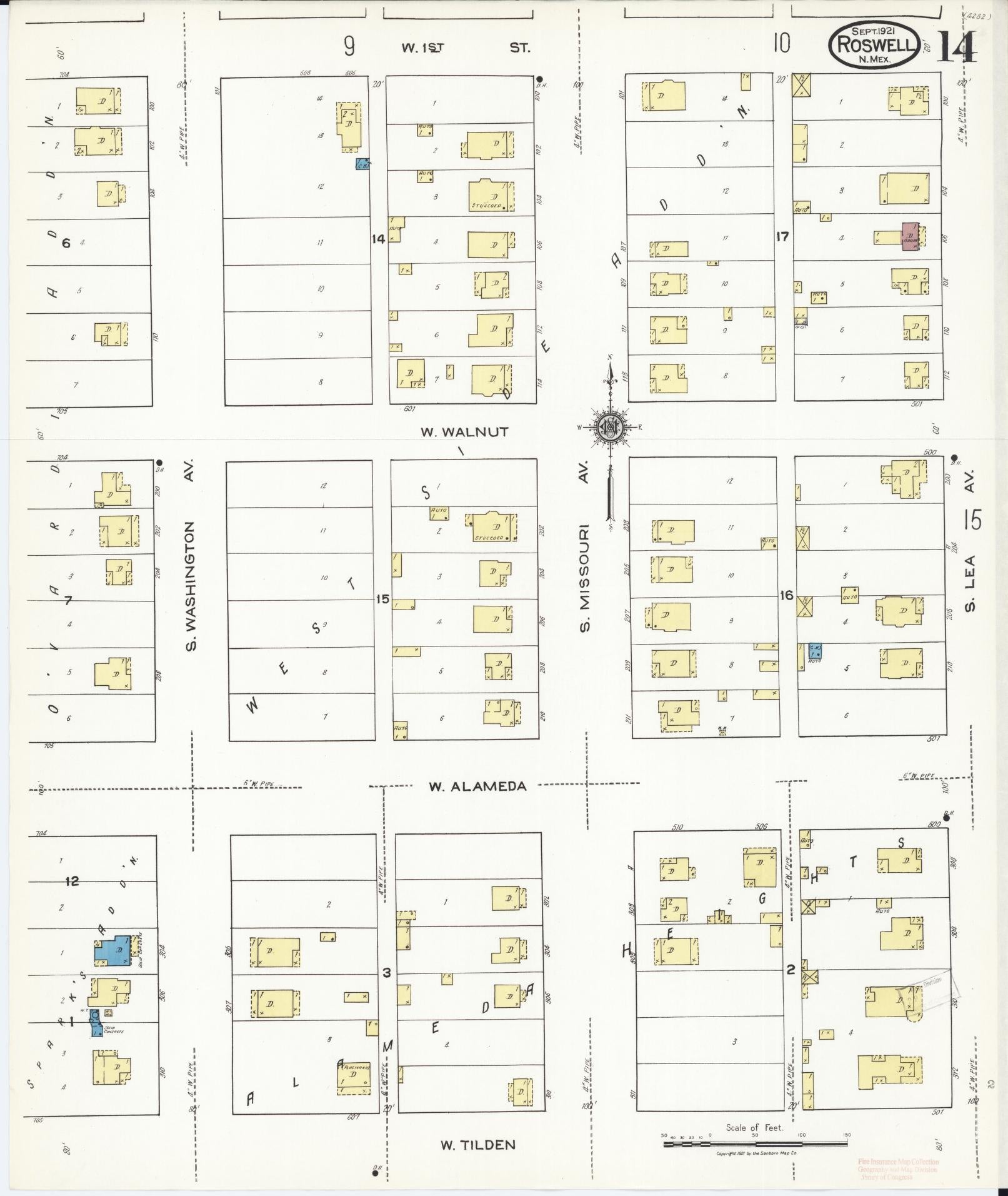 Sanborn Fire Insurance Map from Roswell, Chaves County, New Mexico (1921), Sheet #0014 - Historic Sanborn Fire Insurance Map Print, vintage old map wall art, antique decor, genealogy gift, New Mexico New Mexico map