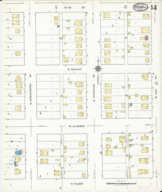 Sanborn Fire Insurance Map from Roswell, Chaves County, New Mexico (1921), Sheet #0014 - Historic Sanborn Fire Insurance Map Print, vintage old map wall art, antique decor, genealogy gift, New Mexico New Mexico map