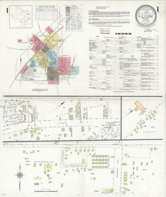 Sanborn Fire Insurance Map from Kilgore, Gregg County, Texas (1936), Sheet #0001 - Complete Map Set gallery image, historic Sanborn map, vintage wall art, Texas Texas