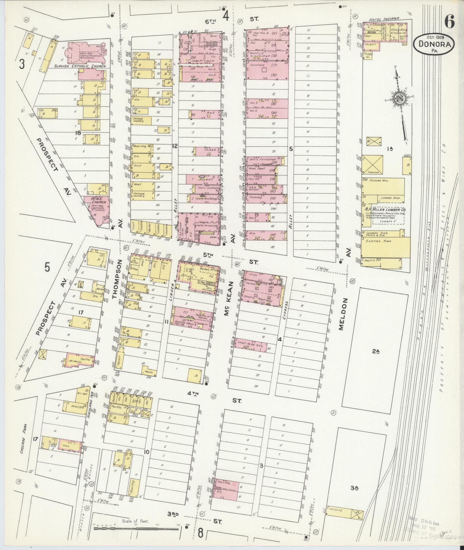 Sanborn Fire Insurance Map from Donora, Washington County, Pennsylvania (1909), Sheet #0006 - Historic Sanborn Fire Insurance Map Print, vintage old map wall art, antique decor, genealogy gift, Pennsylvania Pennsylvania map