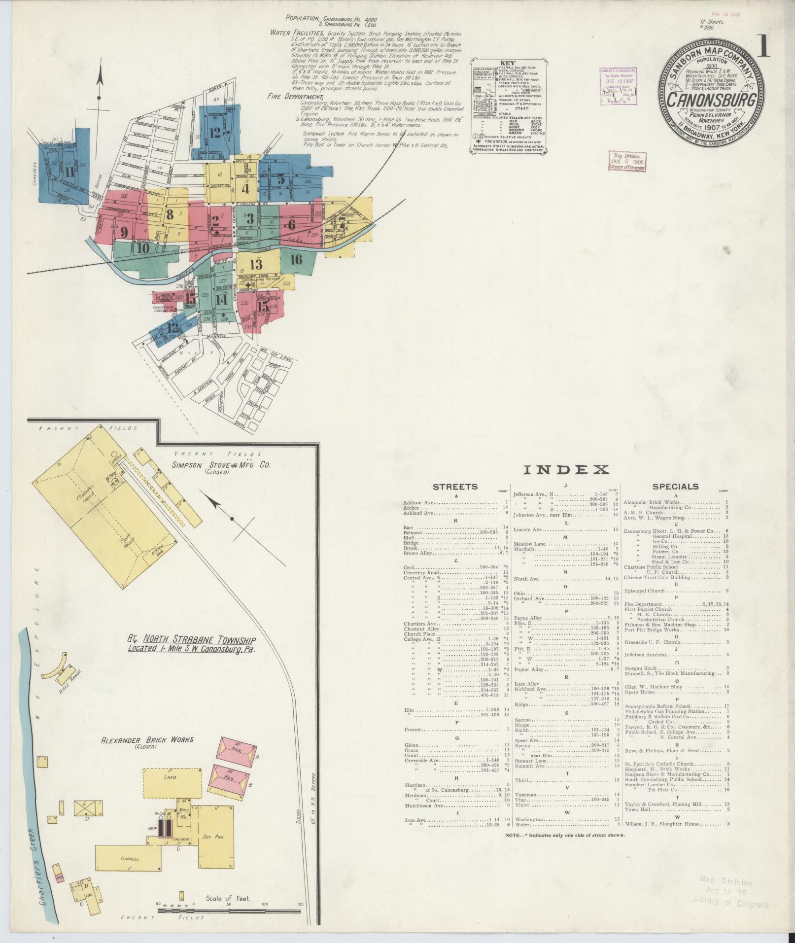 Sanborn Fire Insurance Map from Canonsburg, Washington County, Pennsylvania (1907), Sheet #0001 - Historic Sanborn Fire Insurance Map Print, vintage old map wall art, antique decor, genealogy gift, Pennsylvania Pennsylvania map