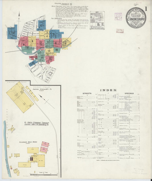 Sanborn Fire Insurance Map from Canonsburg, Washington County, Pennsylvania (1907), Sheet #0001 - Historic Sanborn Fire Insurance Map Print, vintage old map wall art, antique decor, genealogy gift, Pennsylvania Pennsylvania map