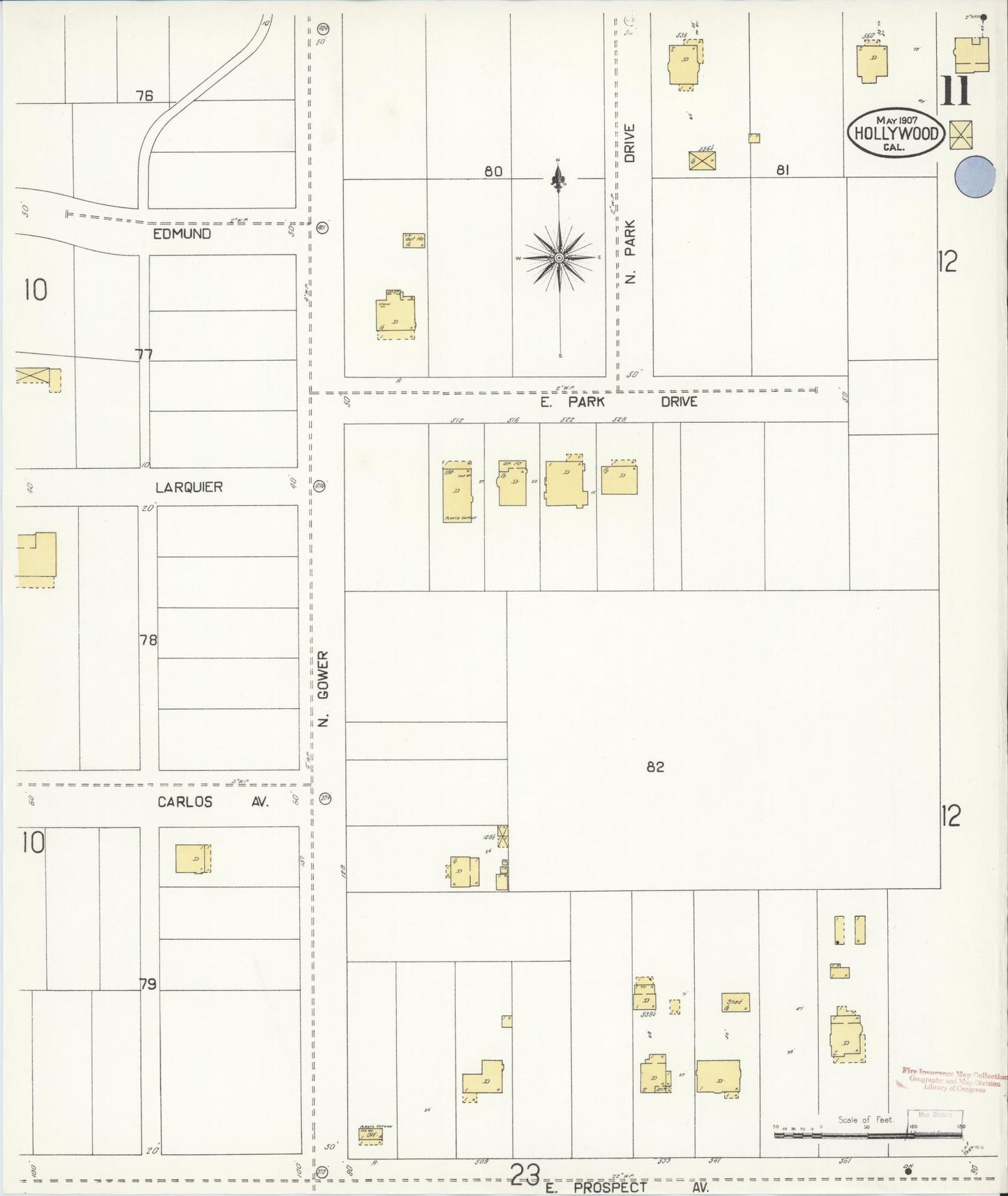 Sanborn Fire Insurance Map from Hollywood, Los Angeles County, California (1907), Sheet #0011 - Complete Map Set gallery image, historic Sanborn map, vintage wall art, California California