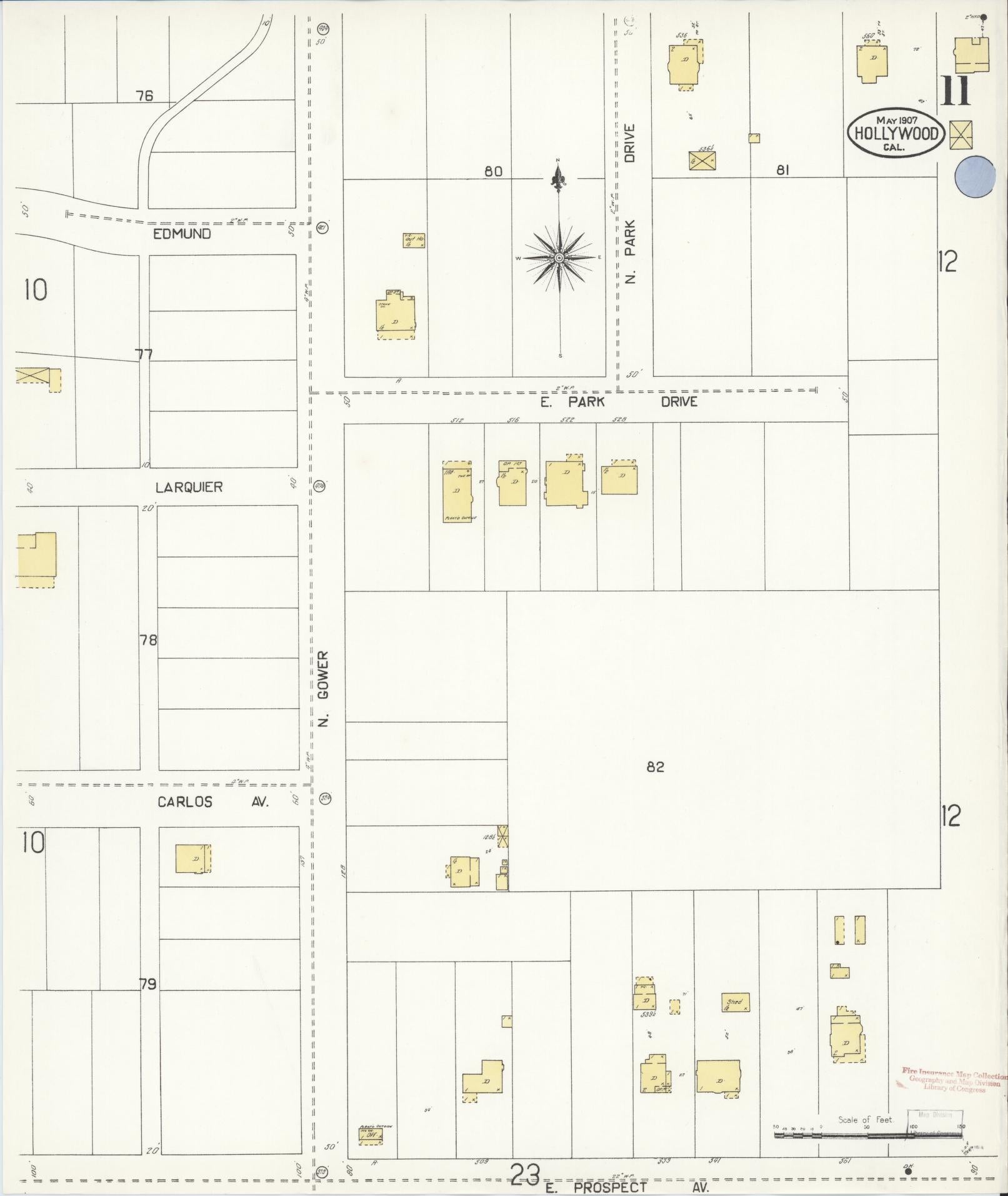 Sanborn Fire Insurance Map from Hollywood, Los Angeles County, California (1907), Sheet #0011 - Complete Map Set gallery image, historic Sanborn map, vintage wall art, California California