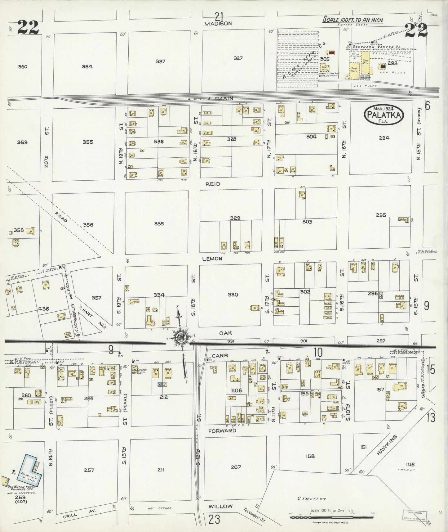 Sanborn Fire Insurance Map from Palatka, Putnam County, Florida (1924), Sheet #0022 - Complete Map Set gallery image, historic Sanborn map, vintage wall art, Florida Florida