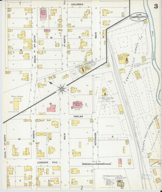 Sanborn Fire Insurance Map from Campbellsville, Taylor County, Kentucky (1901), Sheet #0003 - Historic Sanborn Fire Insurance Map Print, vintage old map wall art, antique decor, genealogy gift, Kentucky Kentucky map