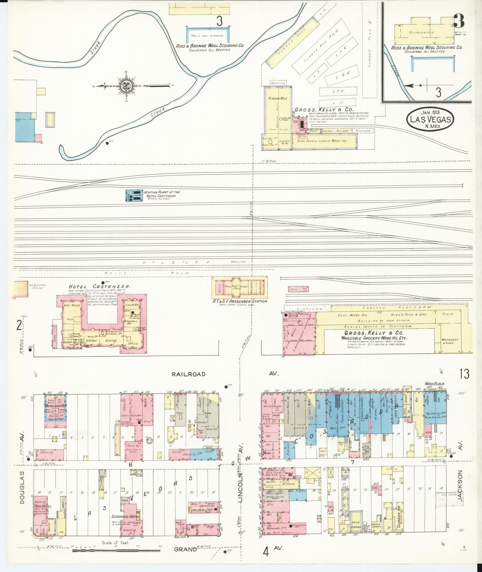 Sanborn Fire Insurance Map from Las Vegas, San Miguel County, New Mexico (1913), Sheet #0003 - Historic Sanborn Fire Insurance Map Print, vintage old map wall art, antique decor, genealogy gift, New Mexico New Mexico map