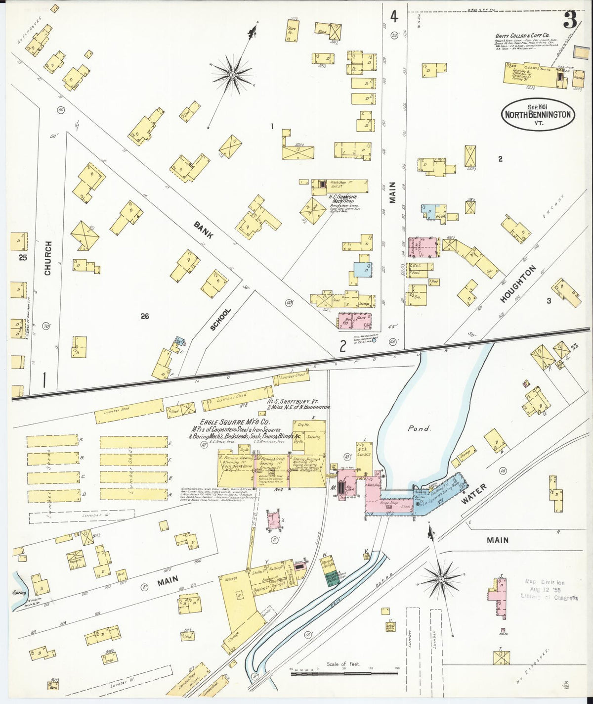 Sanborn Fire Insurance Map from North Bennington, Bennington County, Vermont (1901), Sheet #0003 - Historic Sanborn Fire Insurance Map Print, vintage old map wall art, antique decor, genealogy gift, Vermont Vermont map