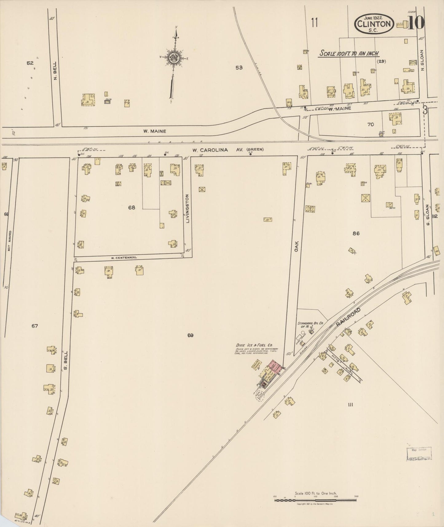 Sanborn Fire Insurance Map from Clinton, Laurens County, South Carolina (1922), Sheet #0010 - Historic Sanborn Fire Insurance Map Print, vintage old map wall art, antique decor, genealogy gift, South Carolina South Carolina map