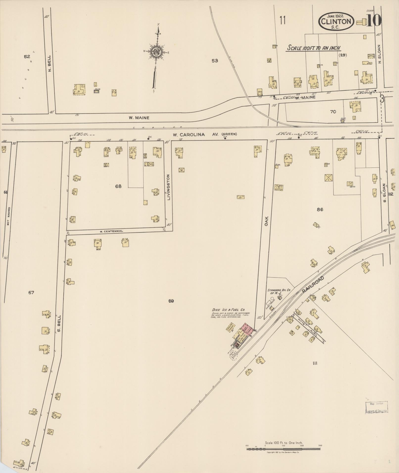 Sanborn Fire Insurance Map from Clinton, Laurens County, South Carolina (1922), Sheet #0010 - Historic Sanborn Fire Insurance Map Print, vintage old map wall art, antique decor, genealogy gift, South Carolina South Carolina map