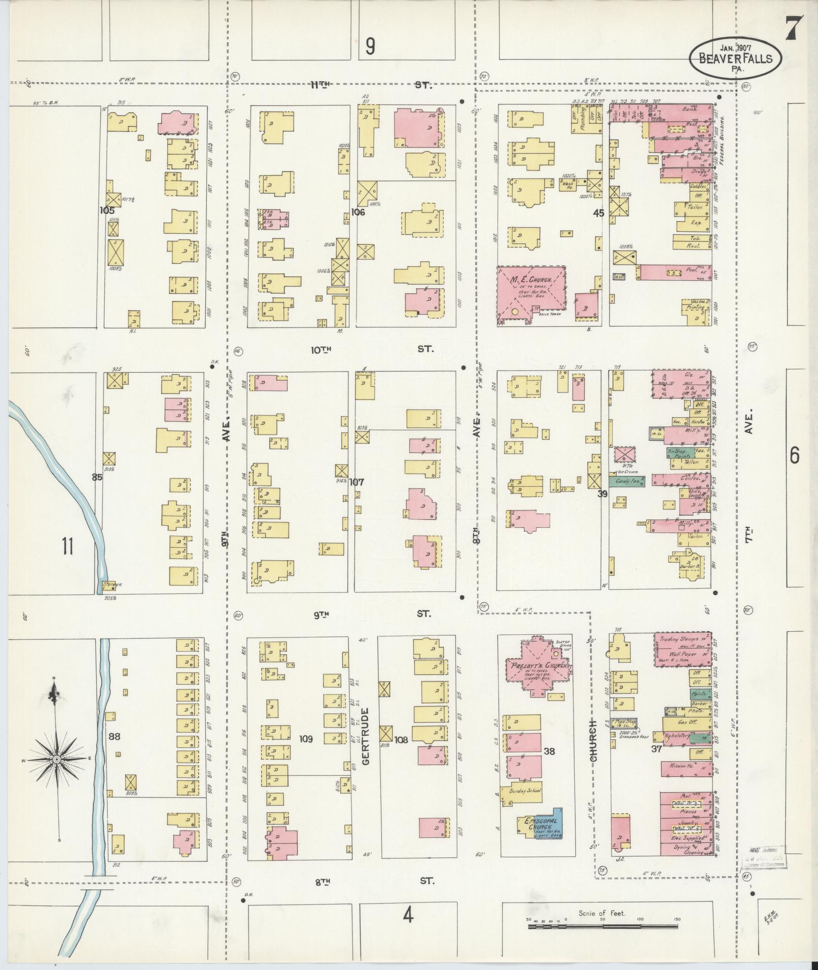 Sanborn Fire Insurance Map from Beaver Falls, Beaver County, Pennsylvania (1907), Sheet #0007 - Historic Sanborn Fire Insurance Map Print, vintage old map wall art, antique decor, genealogy gift, Pennsylvania Pennsylvania map