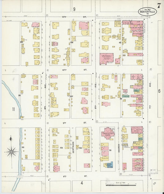 Sanborn Fire Insurance Map from Beaver Falls, Beaver County, Pennsylvania (1907), Sheet #0007 - Historic Sanborn Fire Insurance Map Print, vintage old map wall art, antique decor, genealogy gift, Pennsylvania Pennsylvania map