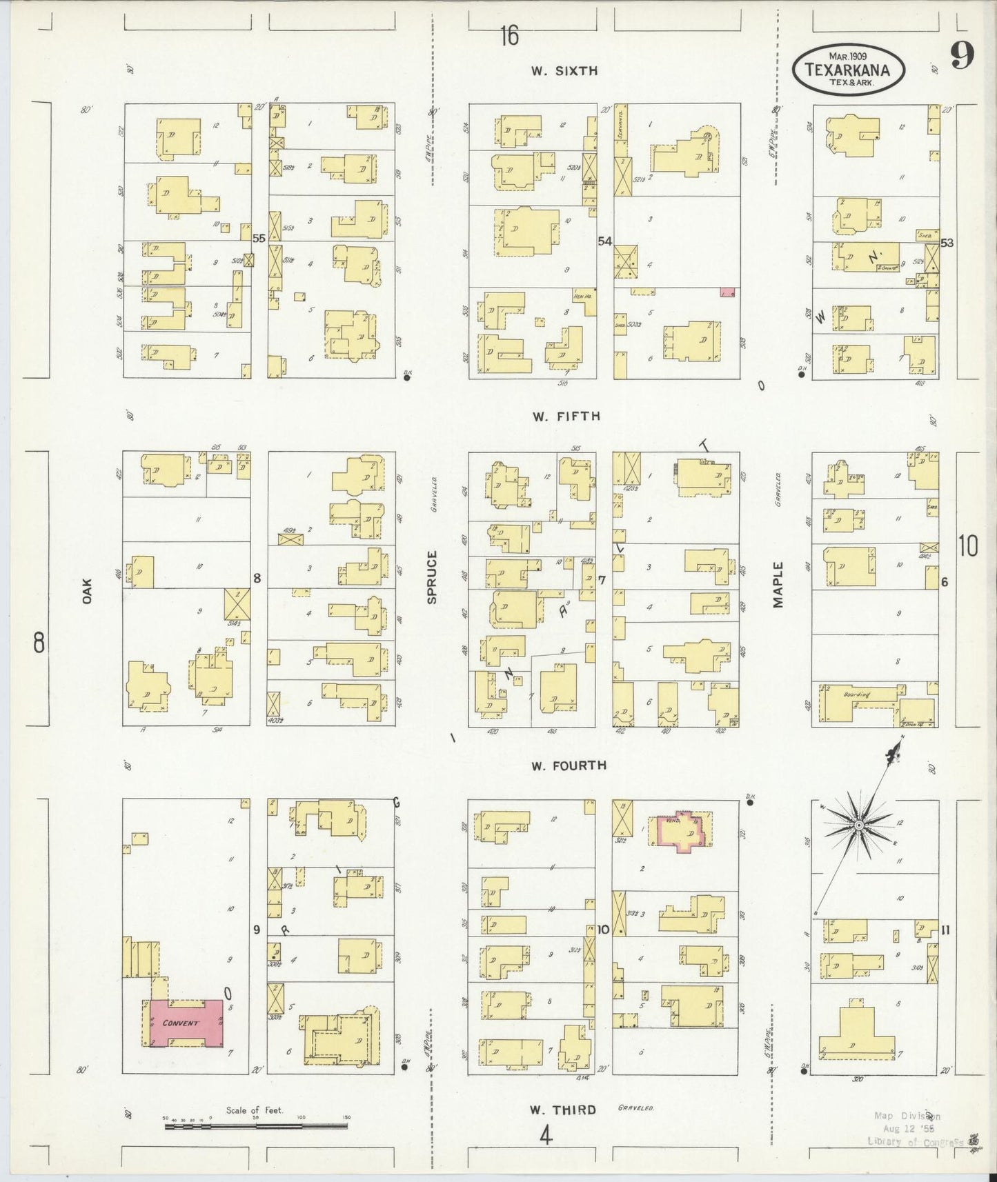 Sanborn Fire Insurance Map from Texarkana, Bowie County, Texas (1909), Sheet #0009 - Complete Map Set gallery image, historic Sanborn map, vintage wall art, Texas Texas