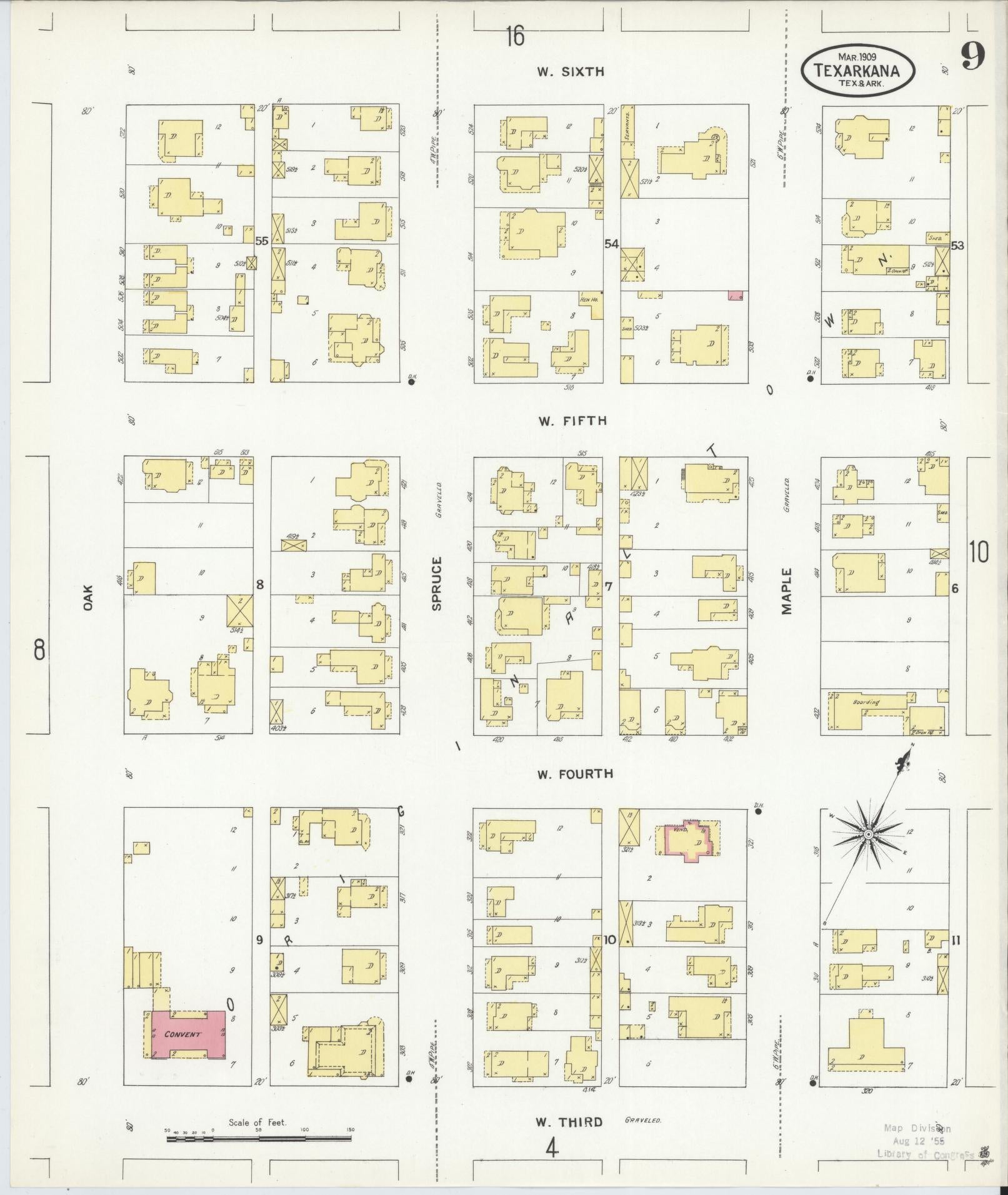 Sanborn Fire Insurance Map from Texarkana, Bowie County, Texas (1909), Sheet #0009 - Complete Map Set gallery image, historic Sanborn map, vintage wall art, Texas Texas