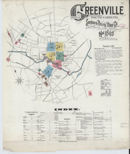 Sanborn Fire Insurance Map from Greenville, Greenville County, South Carolina (1893), Sheet #0001 - Complete Map Set gallery image, historic Sanborn map, vintage wall art, South Carolina South Carolina