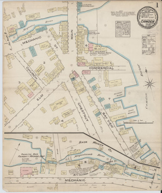 Sanborn Fire Insurance Map from Camden, Knox County, Maine (1884), Sheet #0001 - Historic Sanborn Fire Insurance Map Print, vintage old map wall art, antique decor, genealogy gift, Maine Maine map