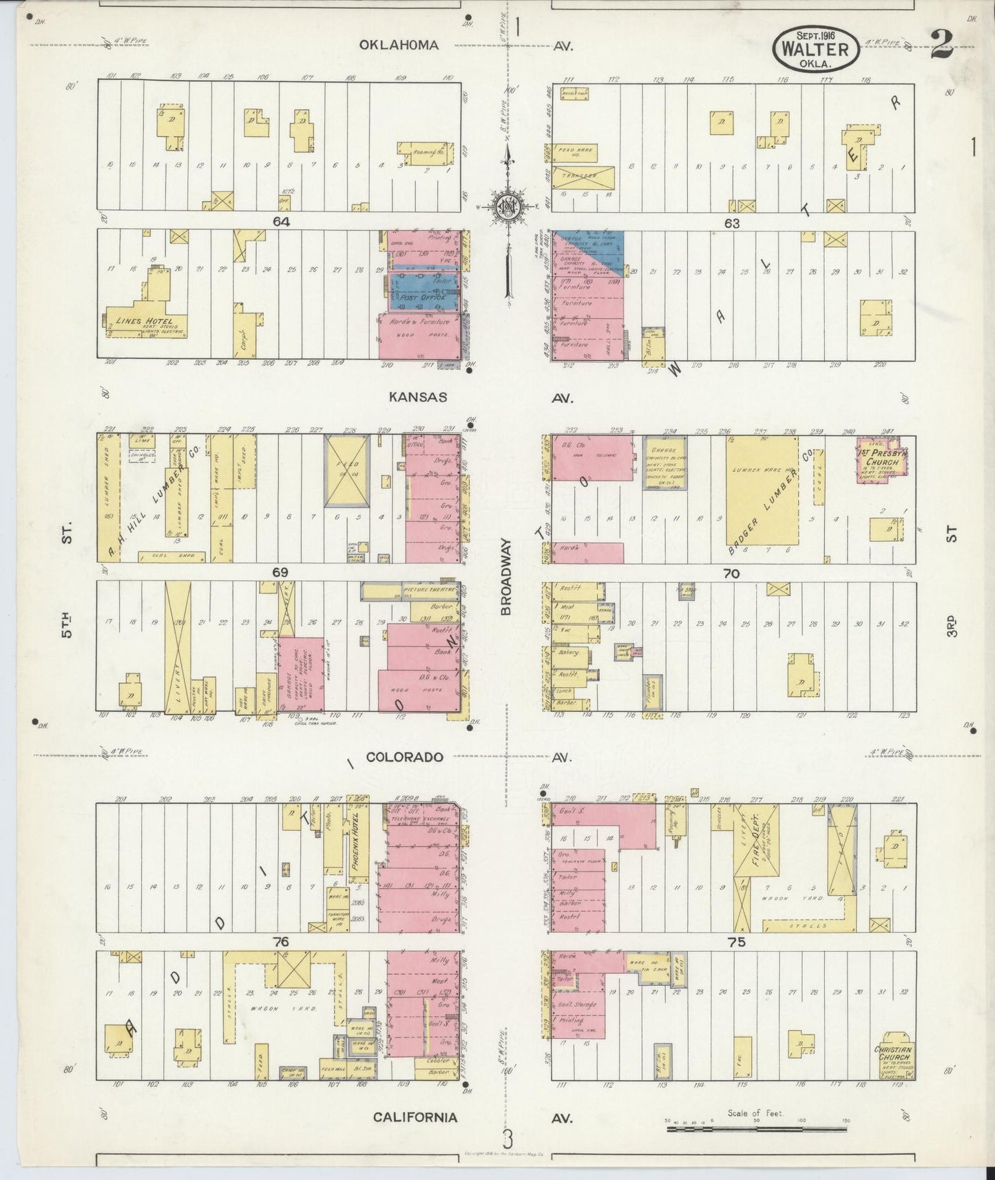 Sanborn Fire Insurance Map from Walters, Cotton County, Oklahoma (1916), Sheet #0002 - Complete Map Set gallery image, historic Sanborn map, vintage wall art, Oklahoma Oklahoma