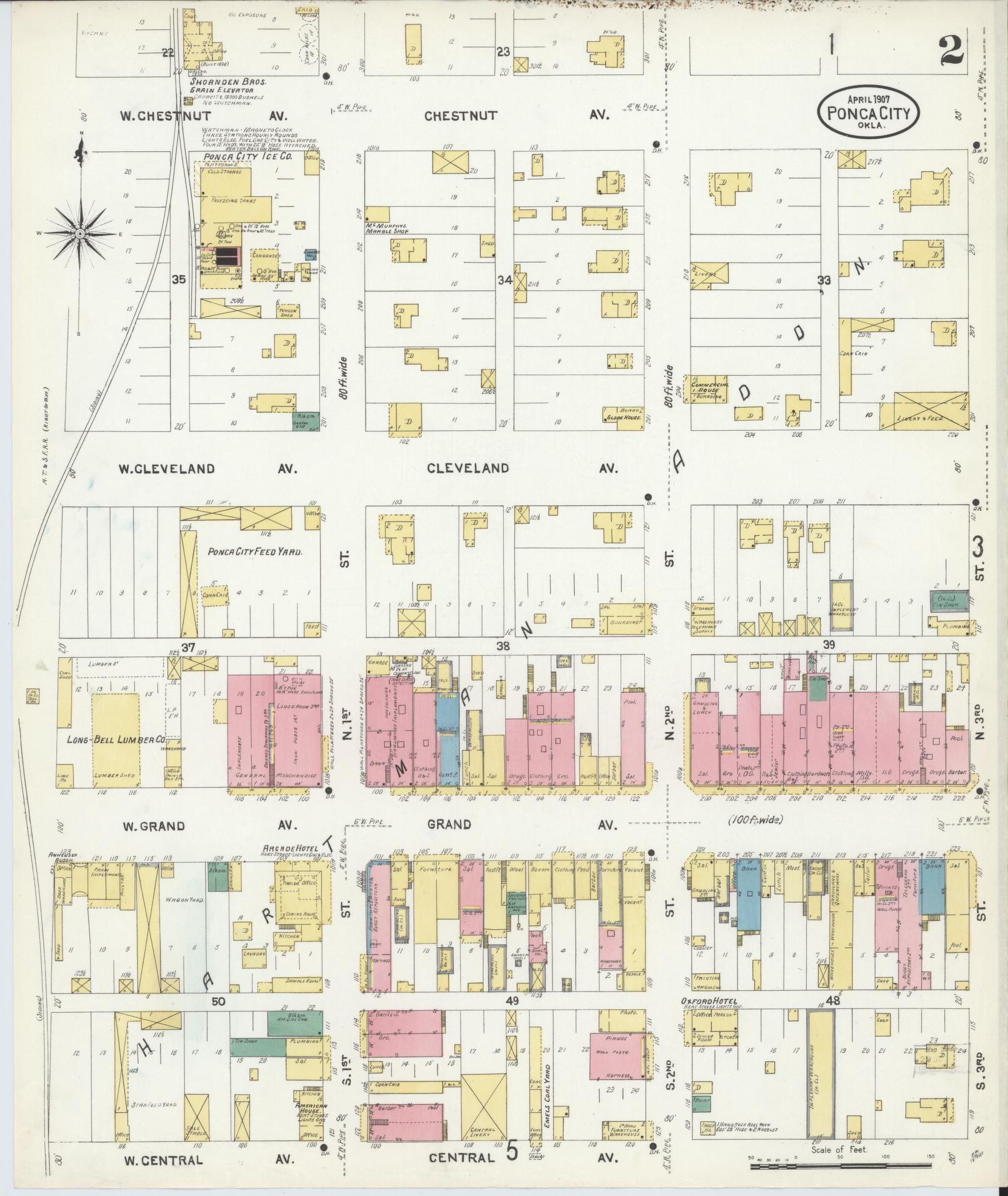 Sanborn Fire Insurance Map from Ponca City, Kay County, Oklahoma (1907), Sheet #0002 - Complete Map Set gallery image, historic Sanborn map, vintage wall art, Oklahoma Oklahoma