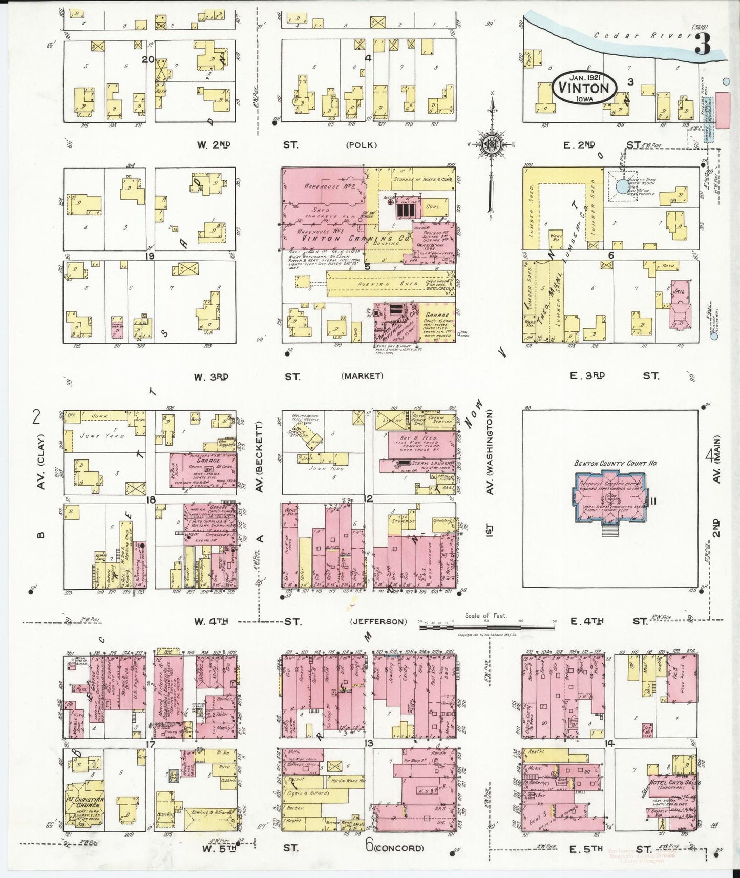 Sanborn Fire Insurance Map from Vinton, Benton County, Iowa (1921), Sheet #0003 - Historic Sanborn Fire Insurance Map Print, vintage old map wall art