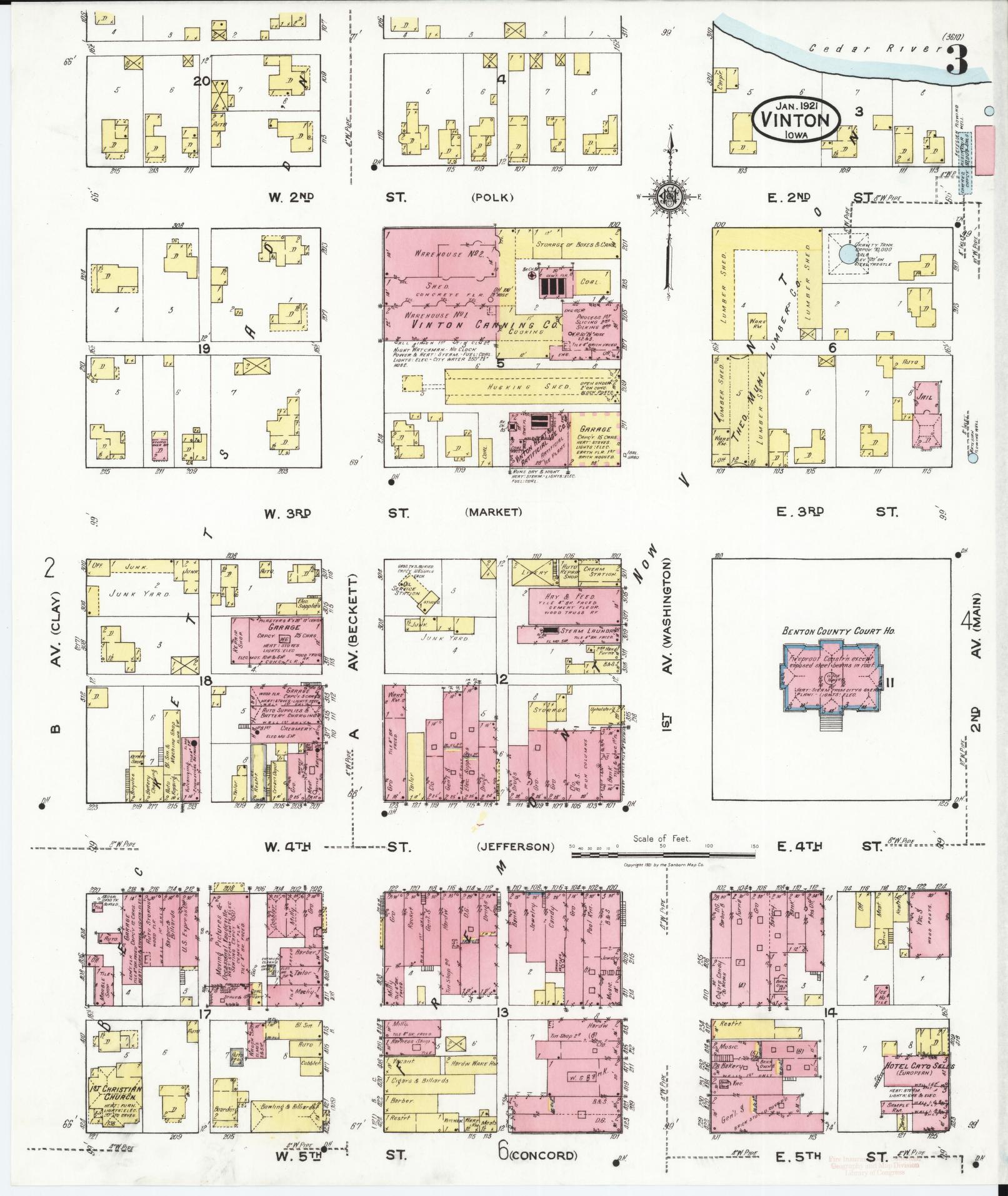 Sanborn Fire Insurance Map from Vinton, Benton County, Iowa (1921), Sheet #0003 - Historic Sanborn Fire Insurance Map Print, vintage old map wall art