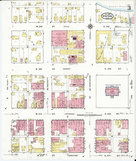 Sanborn Fire Insurance Map from Vinton, Benton County, Iowa (1921), Sheet #0003 - Historic Sanborn Fire Insurance Map Print, vintage old map wall art