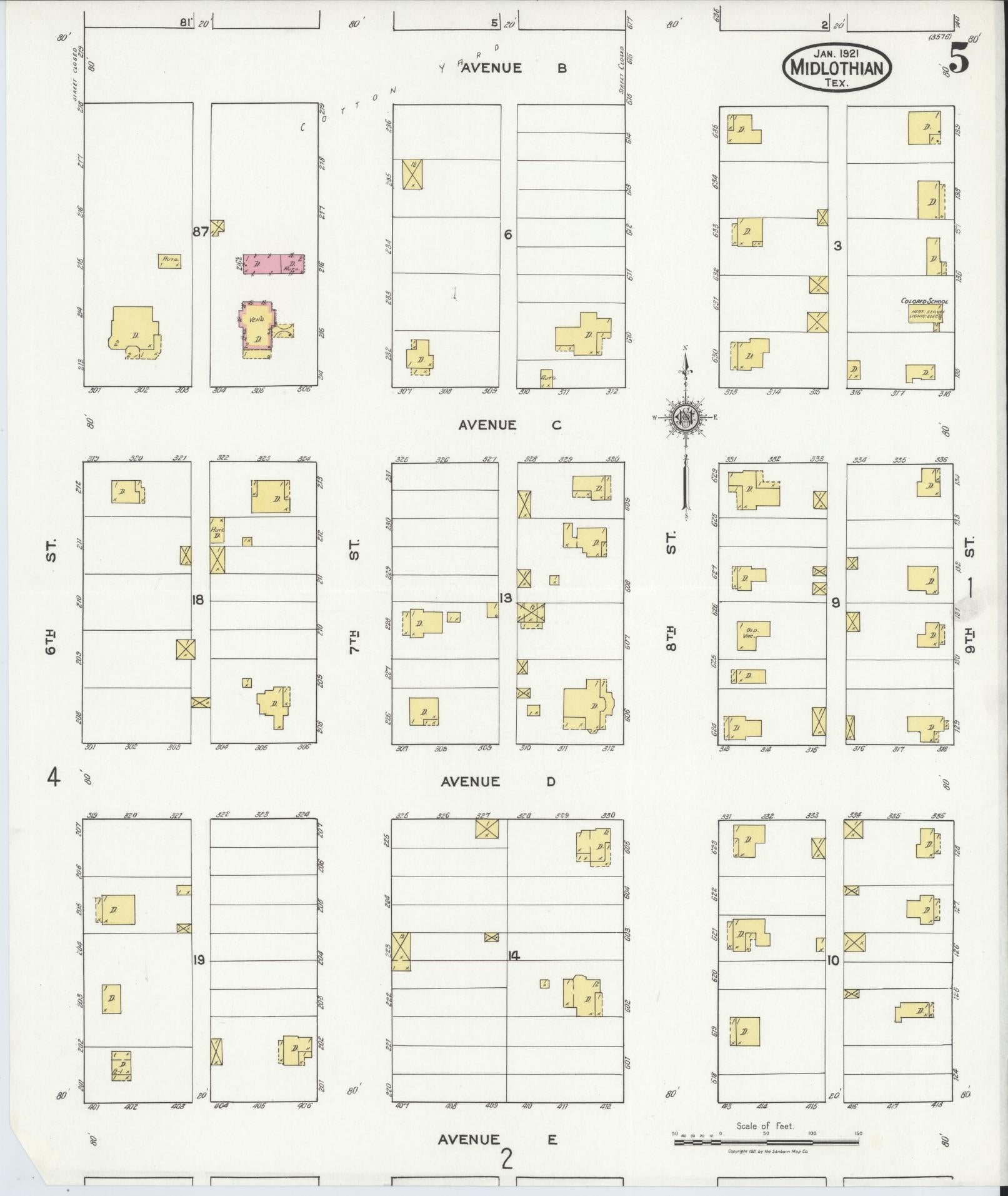 Sanborn Fire Insurance Map from Midlothian, Ellis County, Texas (1921), Sheet #0005 - Historic Sanborn Fire Insurance Map Print, vintage old map wall art, antique decor, genealogy gift, Texas Texas map