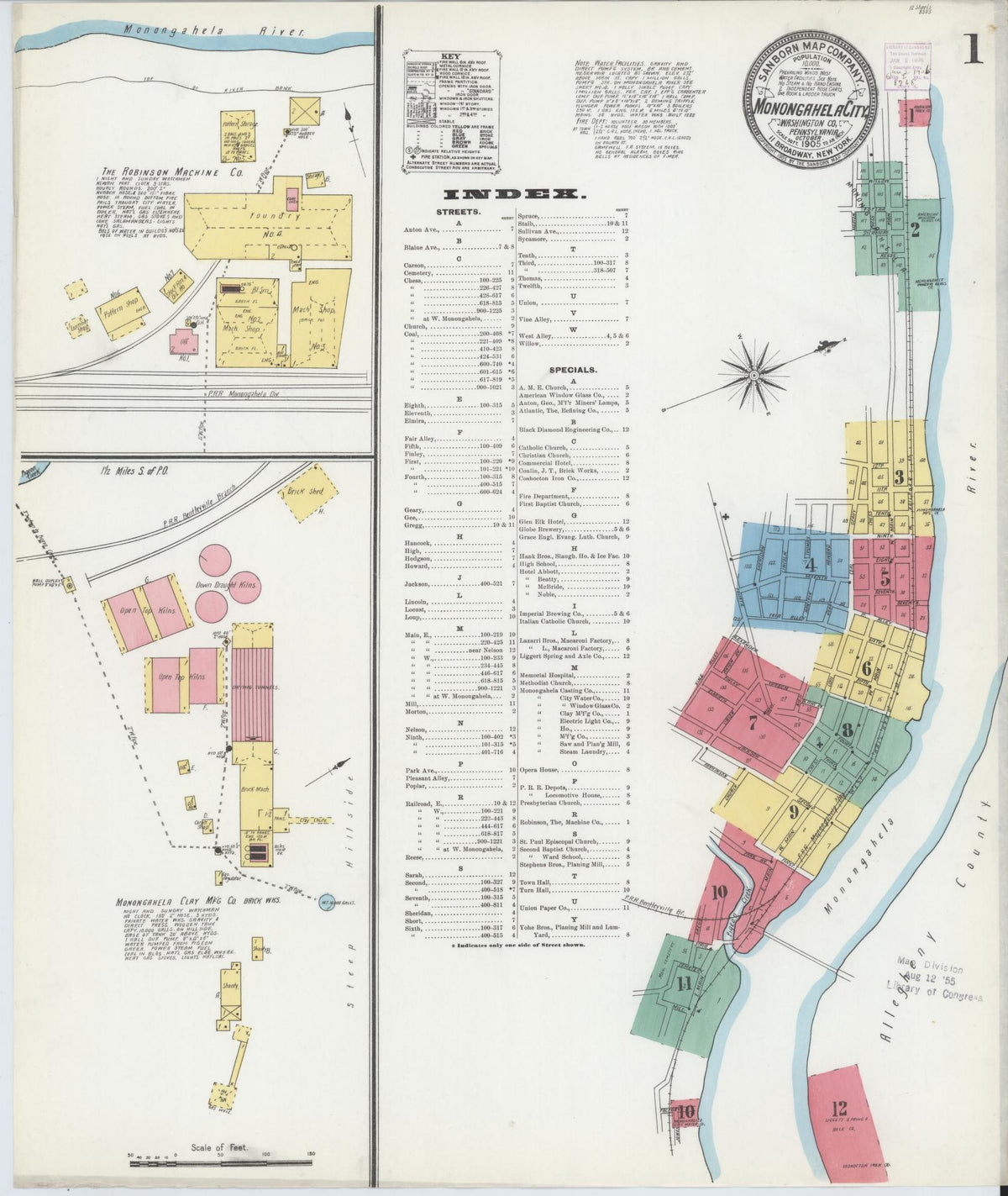 Sanborn Fire Insurance Map from Monongahela City, Washington County, Pennsylvania (1905), Sheet #0001 - Historic Sanborn Fire Insurance Map Print, vintage old map wall art, antique decor, genealogy gift, Pennsylvania Pennsylvania map