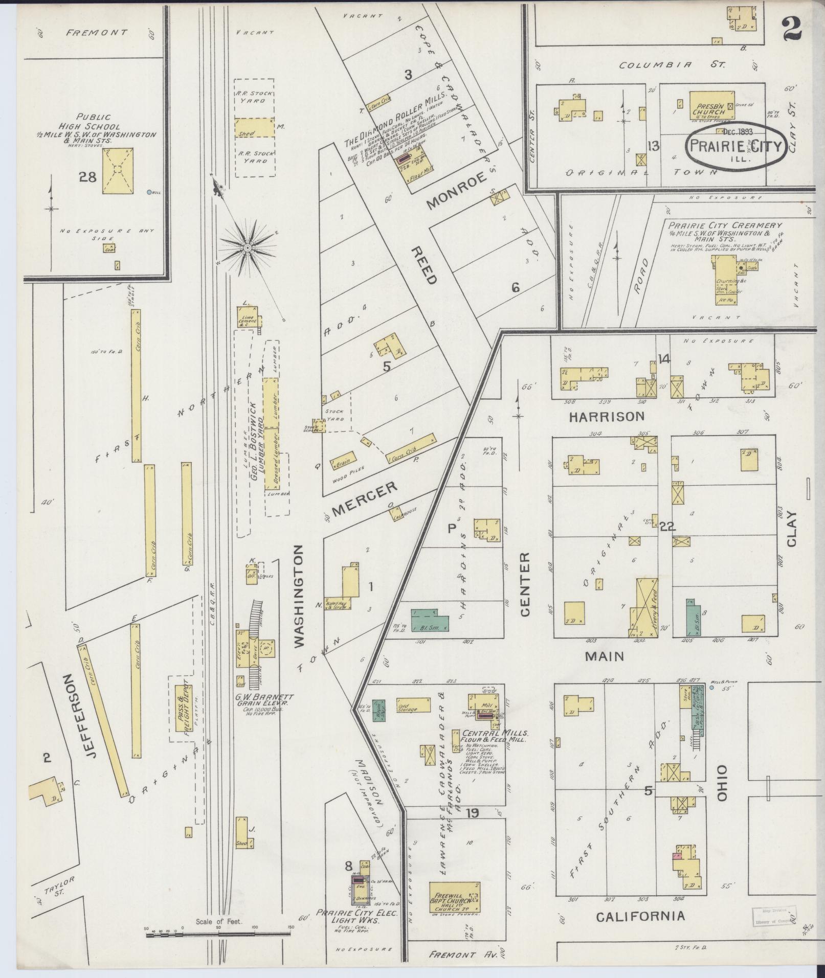 Sanborn Fire Insurance Map from Prairie City, Mcdonough County, Illinois (1893), Sheet #0002 - Complete Map Set gallery image, historic Sanborn map, vintage wall art, Illinois Illinois