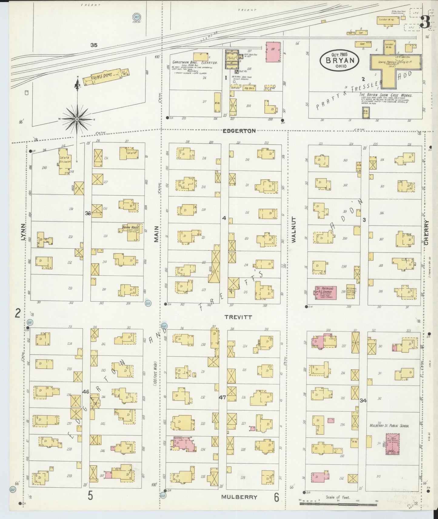 Sanborn Fire Insurance Map from Bryan, Williams County, Ohio (1905), Sheet #0003 - Historic Sanborn Fire Insurance Map Print, vintage old map wall art, antique decor, genealogy gift, Ohio Ohio map