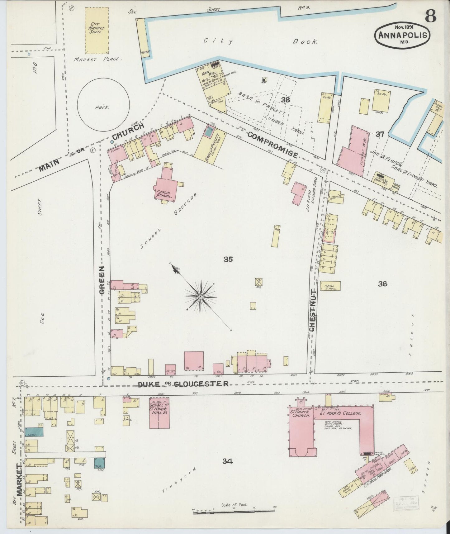 Anne Arundel, Maryland - 1891 - Sanborn Fire Insurance Map, Sheet #0008 - Historic Sanborn Fire Insurance Map Print, Anne Arundel Maryland 1891 0008 vintage old map wall art