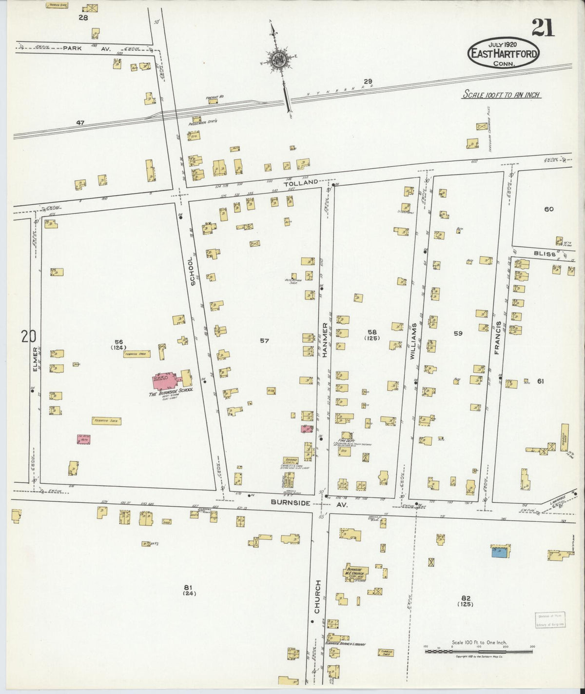 Sanborn Fire Insurance Map from East Hartford, Hartford County, Connecticut (1920), Sheet #0021 - Historic Sanborn Fire Insurance Map Print, vintage old map wall art, antique decor, genealogy gift, Connecticut Connecticut map