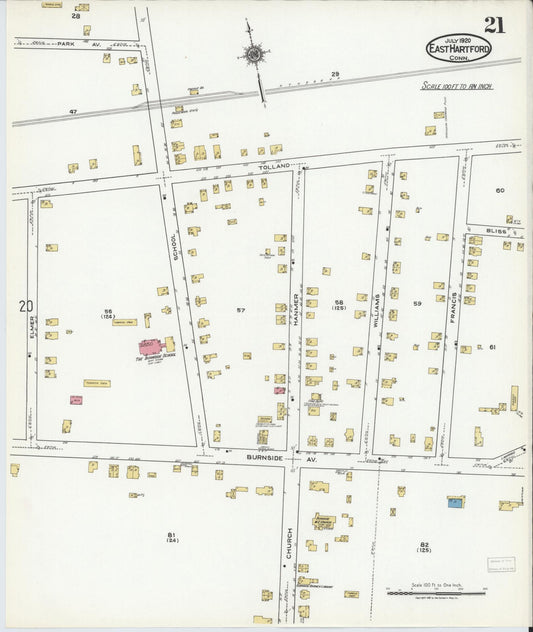Sanborn Fire Insurance Map from East Hartford, Hartford County, Connecticut (1920), Sheet #0021 - Historic Sanborn Fire Insurance Map Print, vintage old map wall art, antique decor, genealogy gift, Connecticut Connecticut map