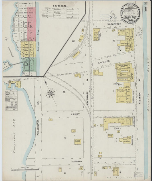 Sanborn Fire Insurance Map from Ocean City, Worcester County, Maryland (1897), Sheet #0001 - Historic Sanborn Fire Insurance Map Print, vintage old map wall art, antique decor, genealogy gift, Maryland Maryland map