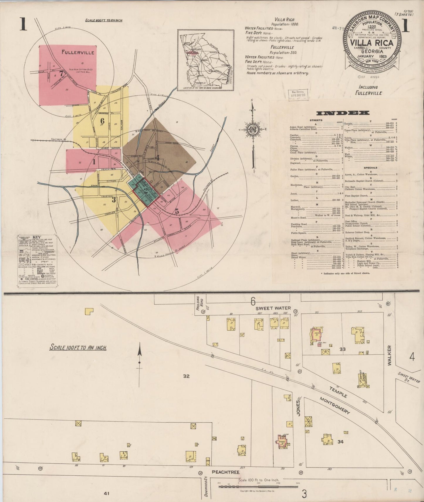 Sanborn Fire Insurance Map from Villa Rica, Carroll County, Georgia (1923), Sheet #0001 - Complete Map Set gallery image, historic Sanborn map, vintage wall art, Georgia Georgia