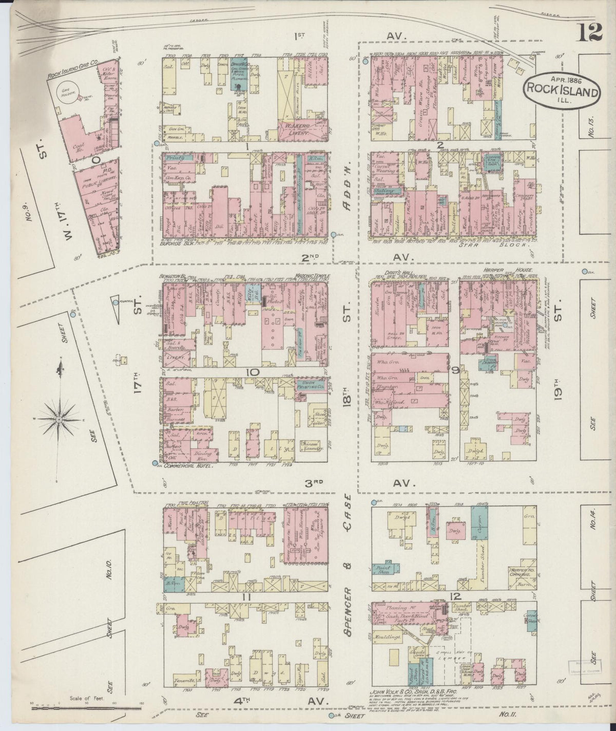 Sanborn Fire Insurance Map from Rock Island, Rock Island County, Illinois (1886), Sheet #0012 - Complete Map Set gallery image, historic Sanborn map, vintage wall art, Illinois Illinois