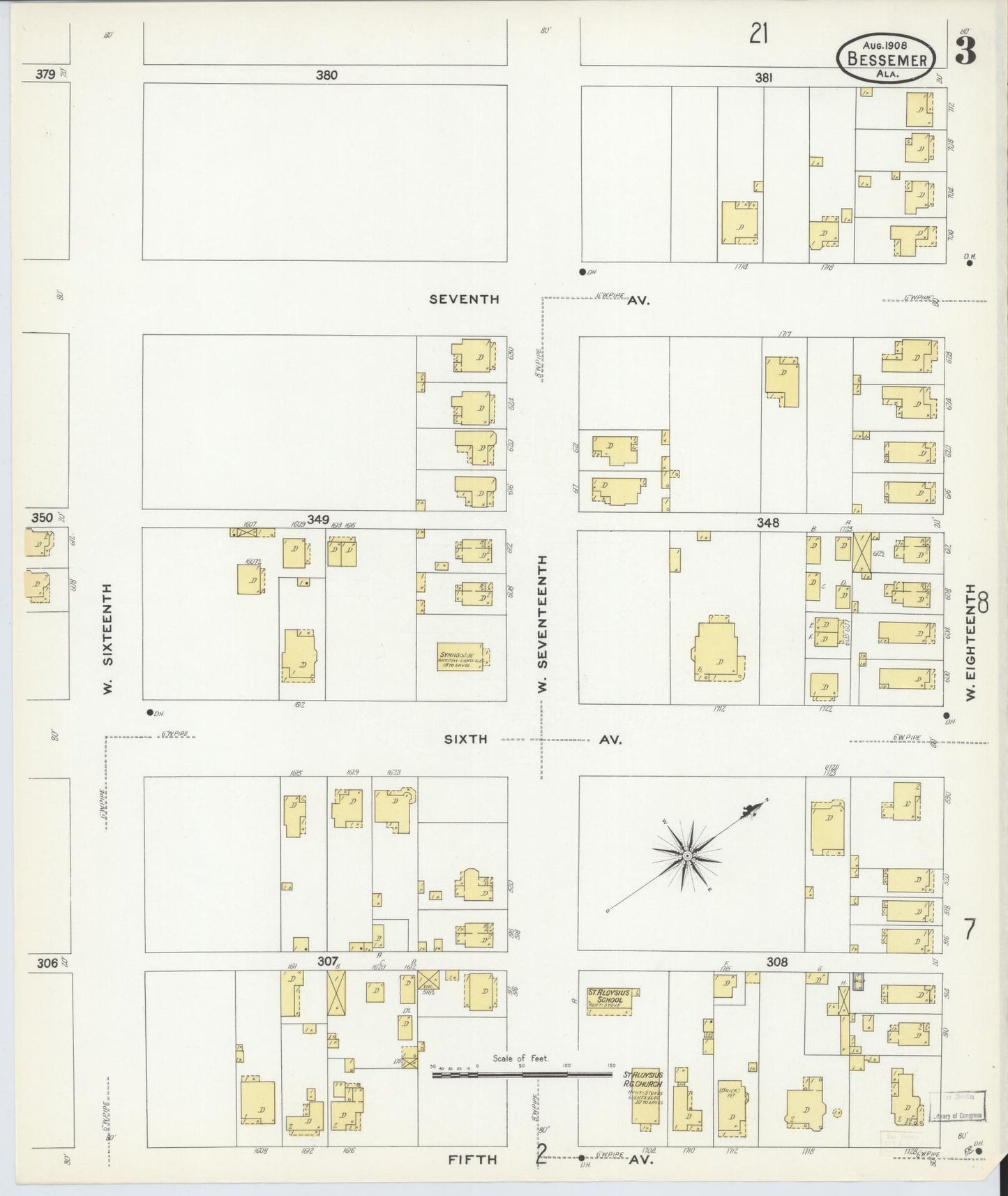 Sanborn Fire Insurance Map from Bessemer, Jefferson County, Alabama (1908), Sheet #0003 - Historic Sanborn Fire Insurance Map Print, vintage old map wall art, antique decor, genealogy gift, Alabama Alabama map