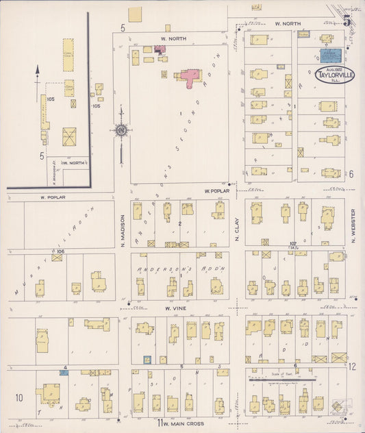 Sanborn Fire Insurance Map from Taylorville, Christian County, Illinois (1922), Sheet #0005 - Historic Sanborn Fire Insurance Map Print, vintage old map wall art, antique decor, genealogy gift, Illinois Illinois map