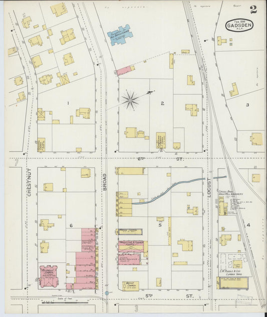 Sanborn Fire Insurance Map from Gadsden, Etowah County, Alabama (1894), Sheet #0002 - Historic Sanborn Fire Insurance Map Print, vintage old map wall art, antique decor, genealogy gift, Alabama Alabama map
