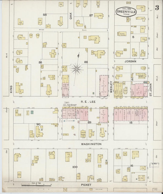 Sanborn Fire Insurance Map from Greenville, Hunt County, Texas (1888), Sheet #0003 - Historic Sanborn Fire Insurance Map Print, vintage old map wall art, antique decor, genealogy gift, Texas Texas map