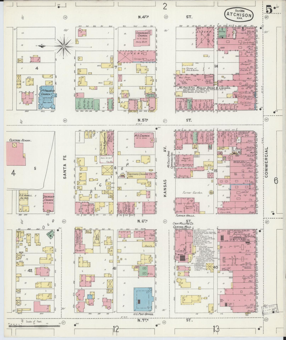 Sanborn Fire Insurance Map from Atchison, Atchison County, Kansas (1896), Sheet #0005 - Historic Sanborn Fire Insurance Map Print, vintage old map wall art, antique decor, genealogy gift, Kansas Kansas map