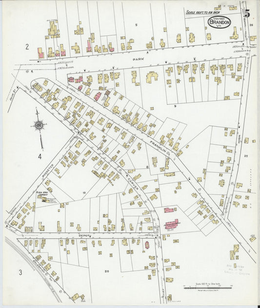 Sanborn Fire Insurance Map from Brandon, Rutland County, Vermont (1920), Sheet #0005 - Historic Sanborn Fire Insurance Map Print, vintage old map wall art, antique decor, genealogy gift, Vermont Vermont map