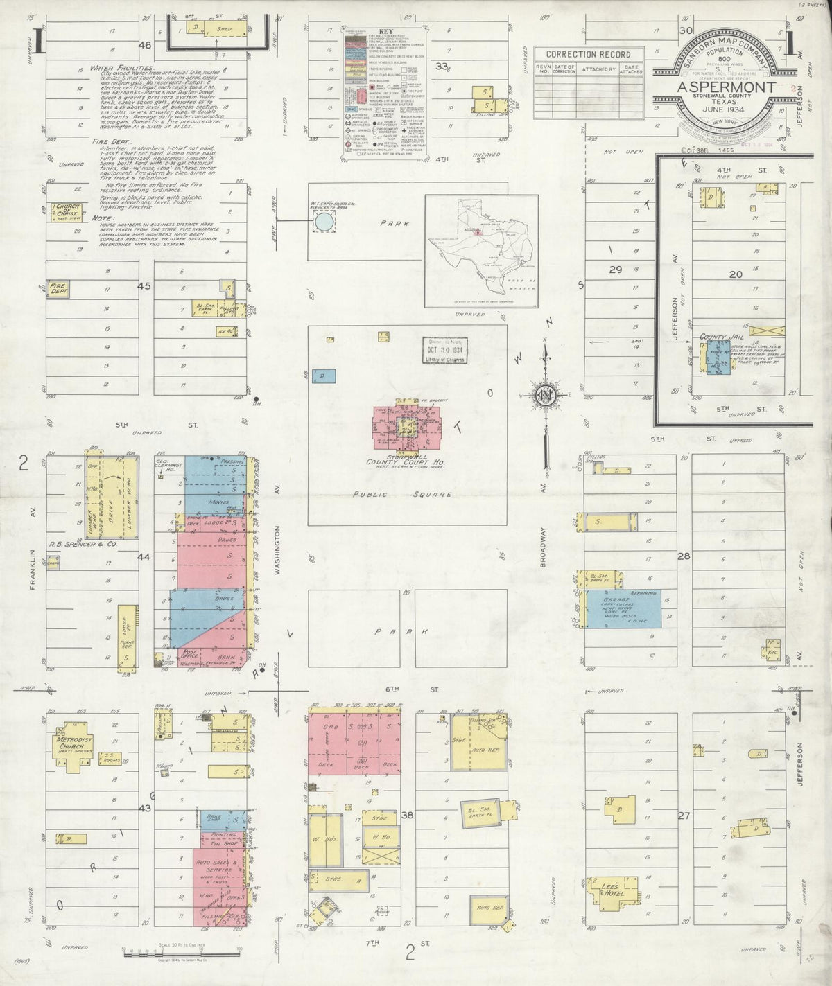 Sanborn Fire Insurance Map from Aspermont, Stonewall County, Texas (1934), Sheet #0001 - Historic Sanborn Fire Insurance Map Print, vintage old map wall art, antique decor, genealogy gift, Texas Texas map